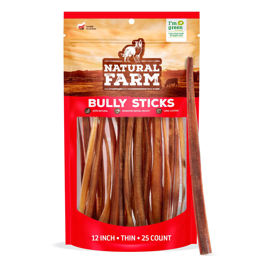 Natural Farm Odor-Free Thin Bully Sticks 12-inch pack front view highlights long-lasting chew for large dogs.
