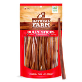 Natural Farm Odor-Free Thin Bully Sticks 12-inch pack front view highlights long-lasting chew for large dogs.