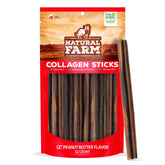 Natural Farm Peanut Butter Collagen Sticks packaging shows premium dog chew for long-lasting rewards