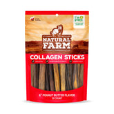 Natural Farm Peanut Butter Flavor Collagen Sticks for Dogs pack-front shows long-lasting chew for busy chewers