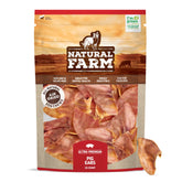 Natural Farm Pig Ears 25-pack on shelf for dogs' chewing satisfaction.