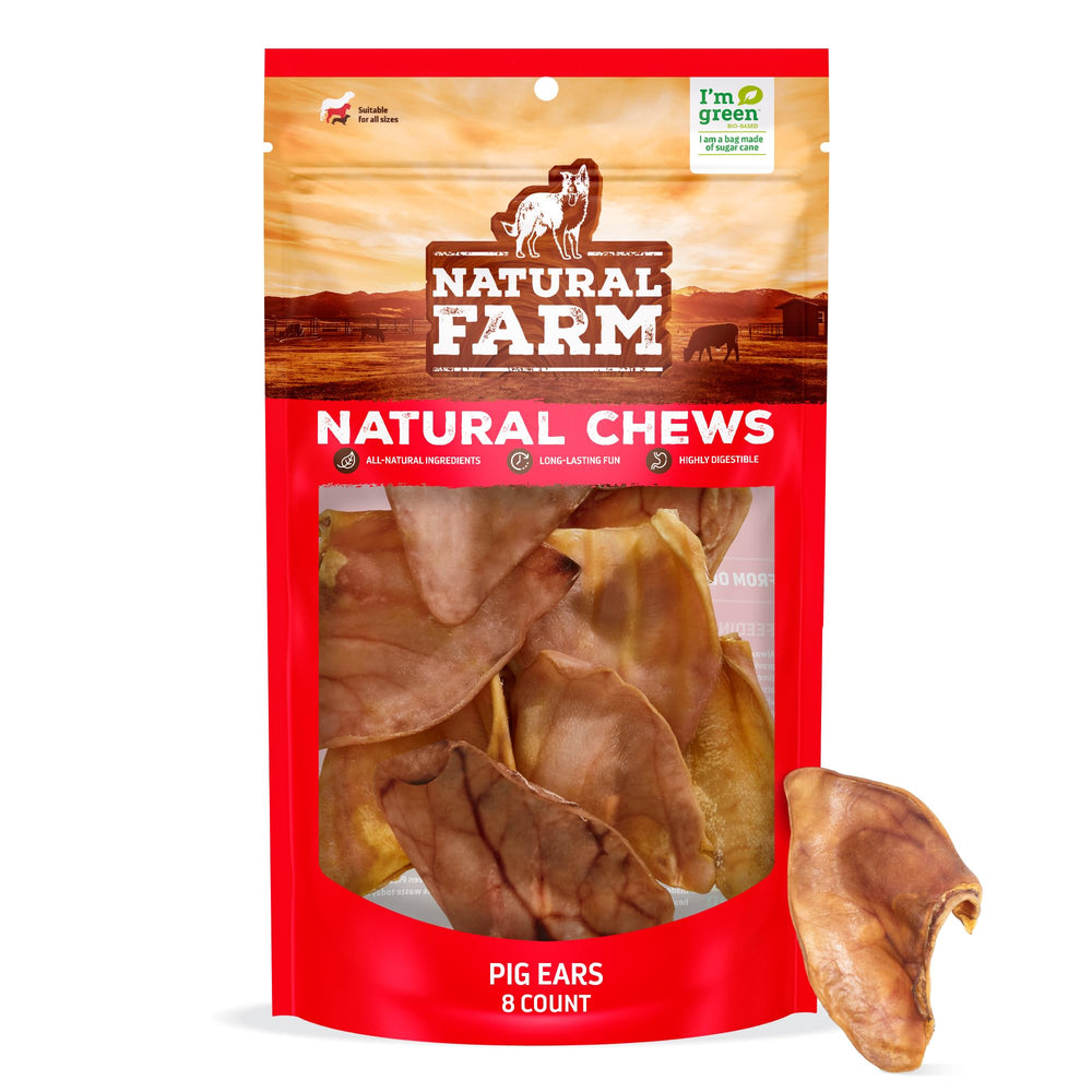 Natural Farm Pig Ears dog treats in a resealable pack for a long-lasting chew.