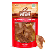 Natural Farm Pig Ears dog treats in a resealable pack for a long-lasting chew.