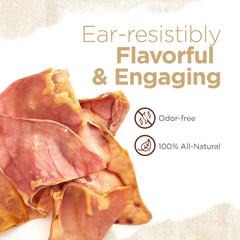 Natural Farm Pig Ears dog chewing scene underscores long-lasting entertainment.