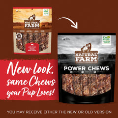 Natural Farm Power Beef Sticks dual-texture closeup highlights beef cheek wrapped in esophagus for extended chewing.