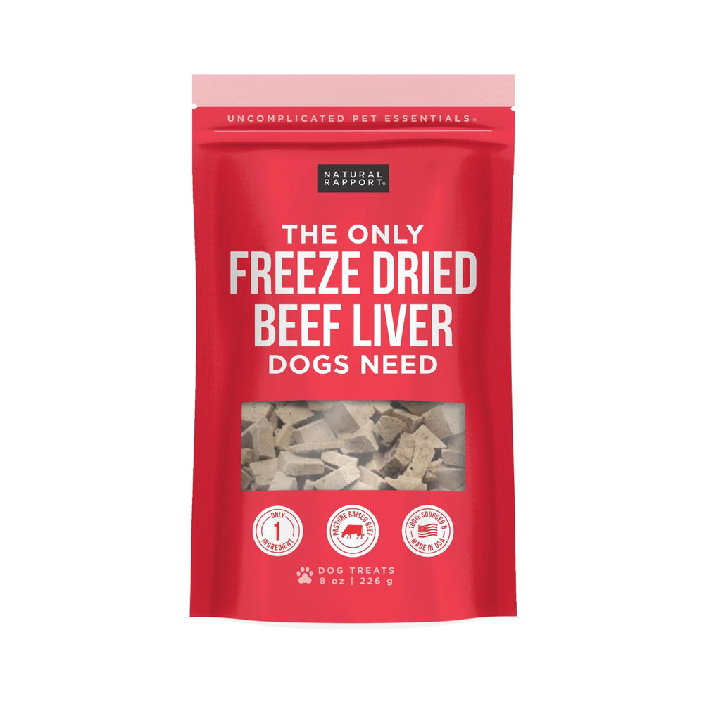 Natural Rapport beef liver dog treats in an 8oz pouch showing packaging and freshness.