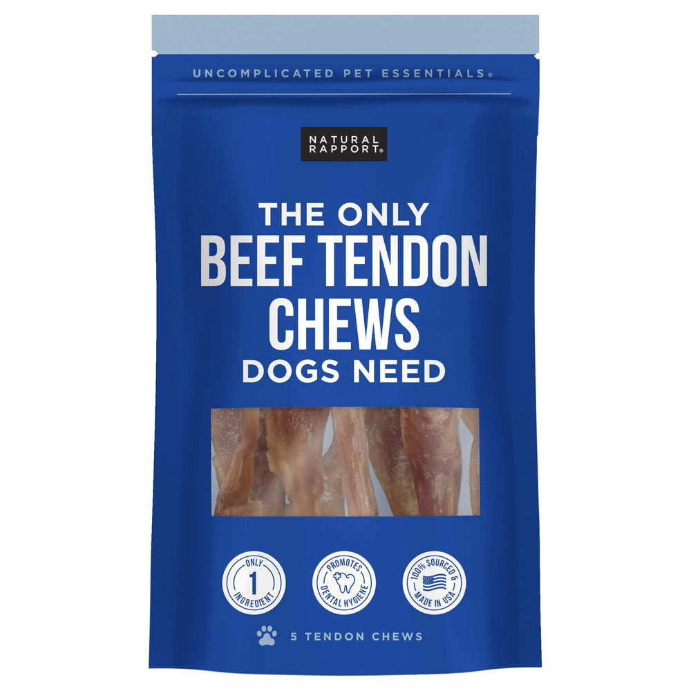 Natural Rapport Beef Tendon Treats packaging highlights all-natural ingredients and USA-sourced beef.