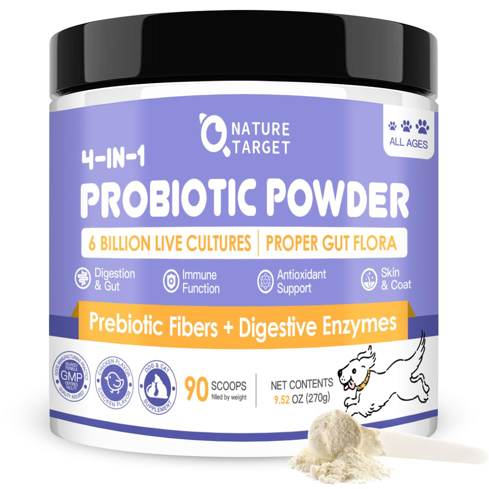 Nature Target dog probiotics jar closeup illustrating the 6B CFU gut-support formula