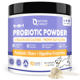 Nature Target dog probiotics jar closeup illustrating the 6B CFU gut-support formula