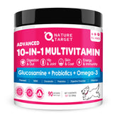 Nature Target dog vitamins powder bottle label shows 10-in-1 support for gut and joints