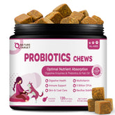 Nature Target Probiotics for Dogs bottle front shows chicken-flavored chews for digestive support