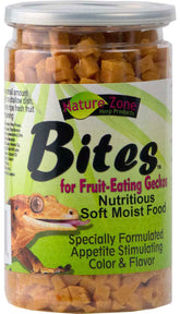 Nature Zone Gecko Bites tub open showing soft-moist texture for easy feeding.