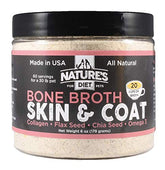 Nature's Diet bone broth powder tub for convenient daily feeding and digestion-friendly nutrition.