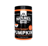 Nature's Diet pet dried pumpkin powder jar closeup shows human-grade ingredients for gut fiber support
