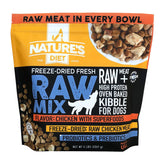 Nature's Diet Raw Mix kibble close-up with freeze-dried chicken bites for protein-rich texture