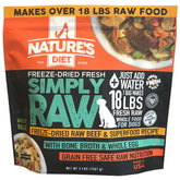 Nature's Diet Simply Raw beef meal bag closeup highlights real ingredients and shelf-stable convenience.