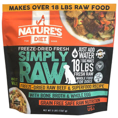 Nature's Diet Simply Raw beef meal bag closeup highlights real ingredients and shelf-stable convenience.