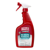 Nature's Miracle Advanced Platinum No More Marking bottle pour demonstrates easy spray application to deter marking