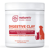 Nature's Pure Edge clay powder bottle shows natural detox for pets' digestion and gut balance.
