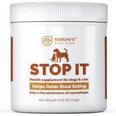 Nature's Pure Edge No Poop Eating Dogs jar label highlights 230 scoops for easy multi-dog dosing.