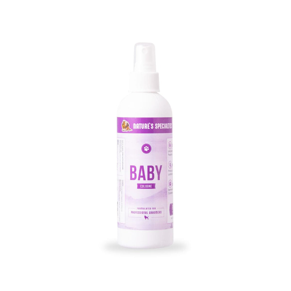 Nature's Specialties Baby Powder Scented Dog Cologne bottle for long-lasting pet finishing spray.