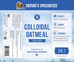 Nature's Specialties Colloidal Oatmeal Creme Rinse being diluted for gentle coat conditioning.