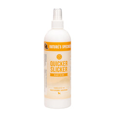 Nature's Specialties Quicker Slicker bottle demonstrates detangling and conditioning for smoother brushing.