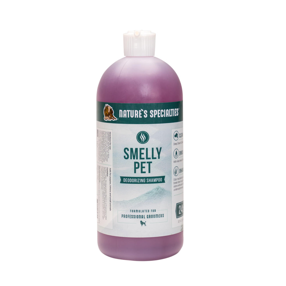 Nature's Specialties Smelly Pet Dog Shampoo bottle demonstrates deep-cleaning and odor control.
