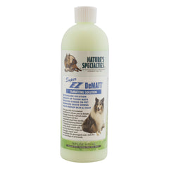 Nature's Specialties Super EZ Dematting Solution bottle shows detangling in action.