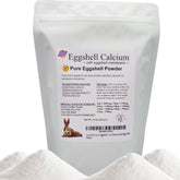 Natures Vitality Farms eggshell powder for dogs, spoon-dispense in bowl for calcium support.