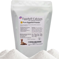 Natures Vitality Farms eggshell powder for dogs, spoon-dispense in bowl for calcium support.