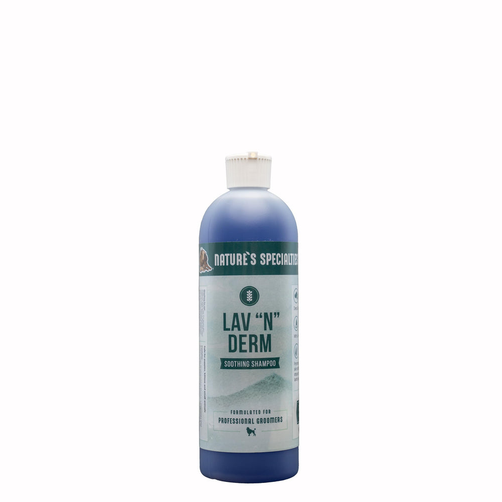 Nature's Specialties Lav-N-Derm bottle closeup highlighting ultra-concentration for economical grooming sessions.