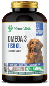 NATURPAWS Omega-3 bottle and softgels for convenient pet wellness