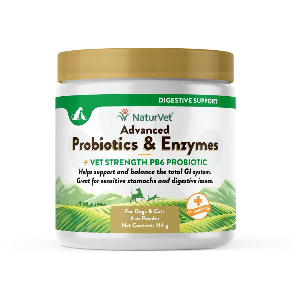 NaturVet Advanced Probiotics & Enzymes bottle front demonstrates digestive balance for pets.