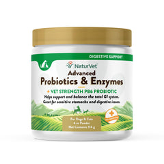 NaturVet Advanced Probiotics & Enzymes bottle front demonstrates digestive balance for pets.