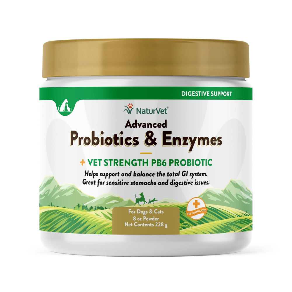 NaturVet advanced probiotics enzymes PB6 bottle label supports balanced digestion.