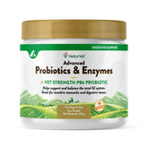 NaturVet advanced probiotics enzymes PB6 bottle label supports balanced digestion.