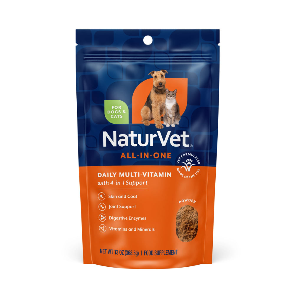NaturVet All-in-One dog supplement tub closeup promotes joint support and overall wellness.
