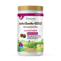 NaturVet ArthriSoothe-Gold Level 3 jar shows joint support for dogs, encouraging daily activity.