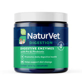 NaturVet digestive enzymes dogs powder bottle; supports healthy digestion with plant-based enzymes.