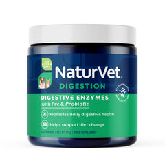NaturVet digestive enzymes dogs powder bottle; supports healthy digestion with plant-based enzymes.