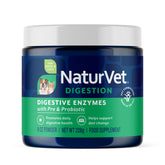 NaturVet digestive enzymes powder jar promotes digestion support during diet changes.