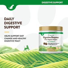 NaturVet Digestive Enzymes Plus Probiotics Soft Chews ingredients panel suggests enzyme and probiotic support.