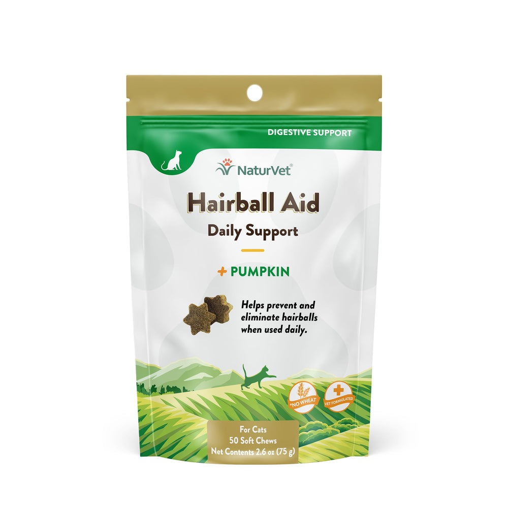 NaturVet Hairball Remedy bottle shows daily hairball prevention support for cats.