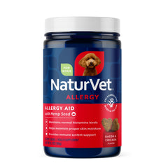 NaturVet Hemp Allergy Aid soft-chews bottle for seasonal comfort and routine use.