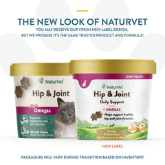 NaturVet Hip & Joint Cat Soft Chews Plus Omegas bottle label highlights omegas and antioxidants.