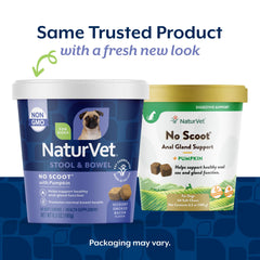 NaturVet No Scoot bottle label shot emphasizes veterinarian-approved formula and wheat-free claim.