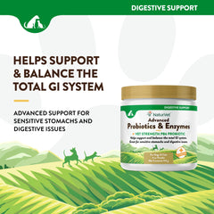 NaturVet PB6 probiotic for dogs and cats with dosing scoop highlighting vet-strength support.