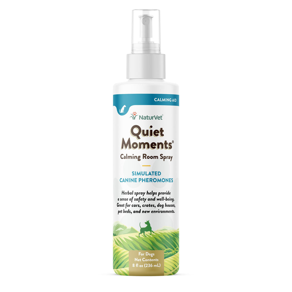 NaturVet Quiet Moments bottle and pour demonstrates easy calming mist for dogs.
