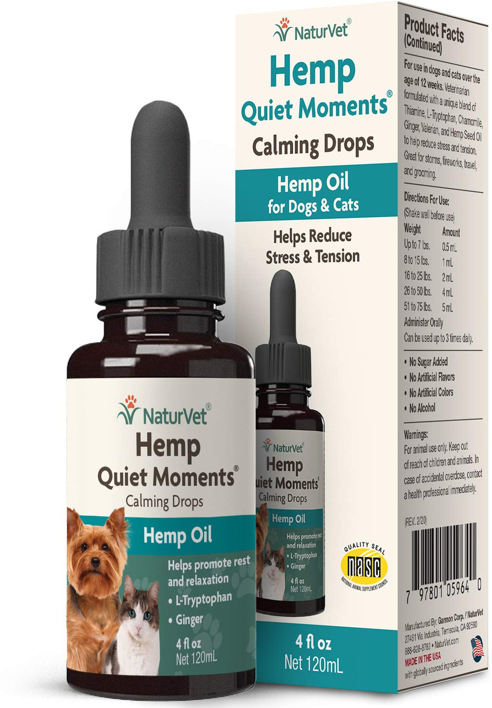 NaturVet Hemp Quiet Moments Drops bottle provides calming support for dogs and cats